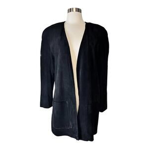 LORD & TAYLOR Suede Coat Black Open Leather Designer Boxy Pockets Korea 6 EUC